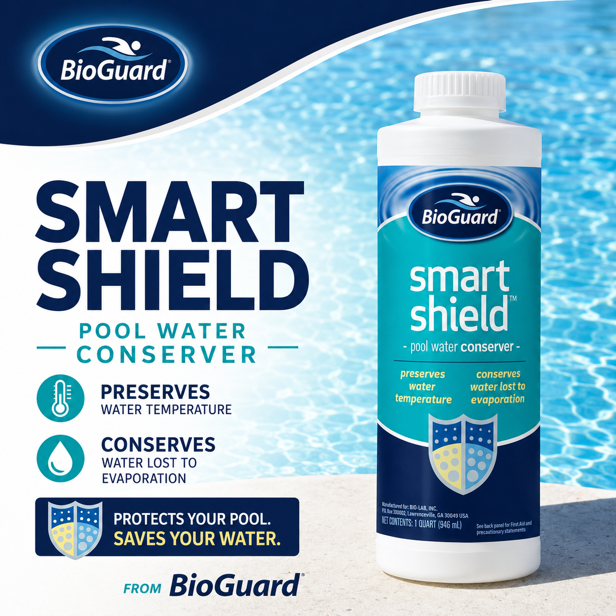 BioGuard Smart Shield pool water conserver — preserves water temperature and conserves water lost to evaporation