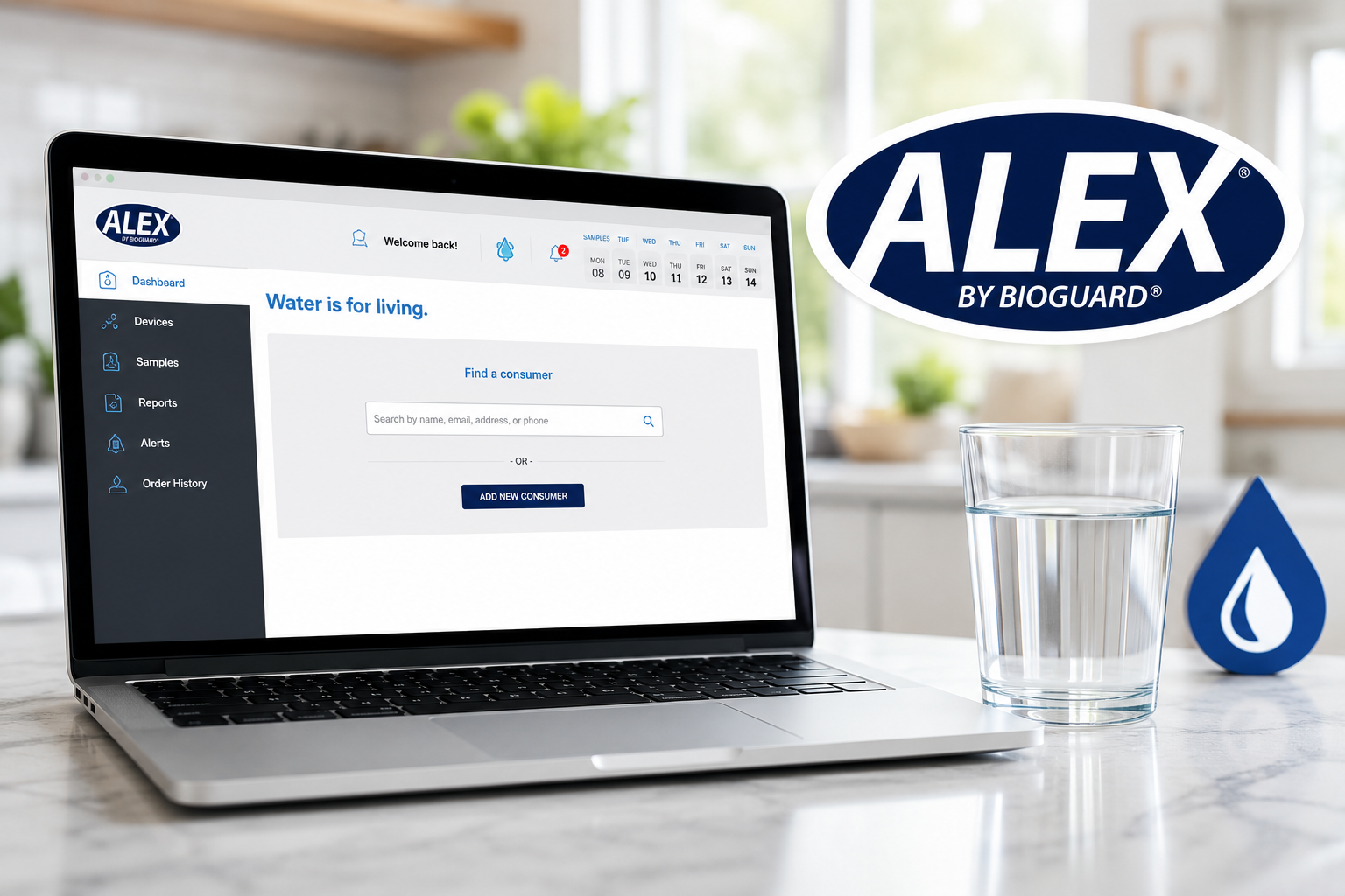 ALEX by BioGuard dashboard on a laptop with a glass of clean water