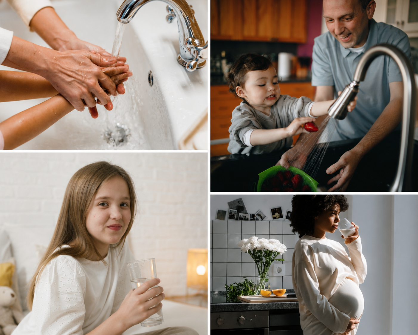 Collage of families enjoying clean water at home: washing hands, rinsing produce, drinking a glass of water, and an expectant mother hydrating