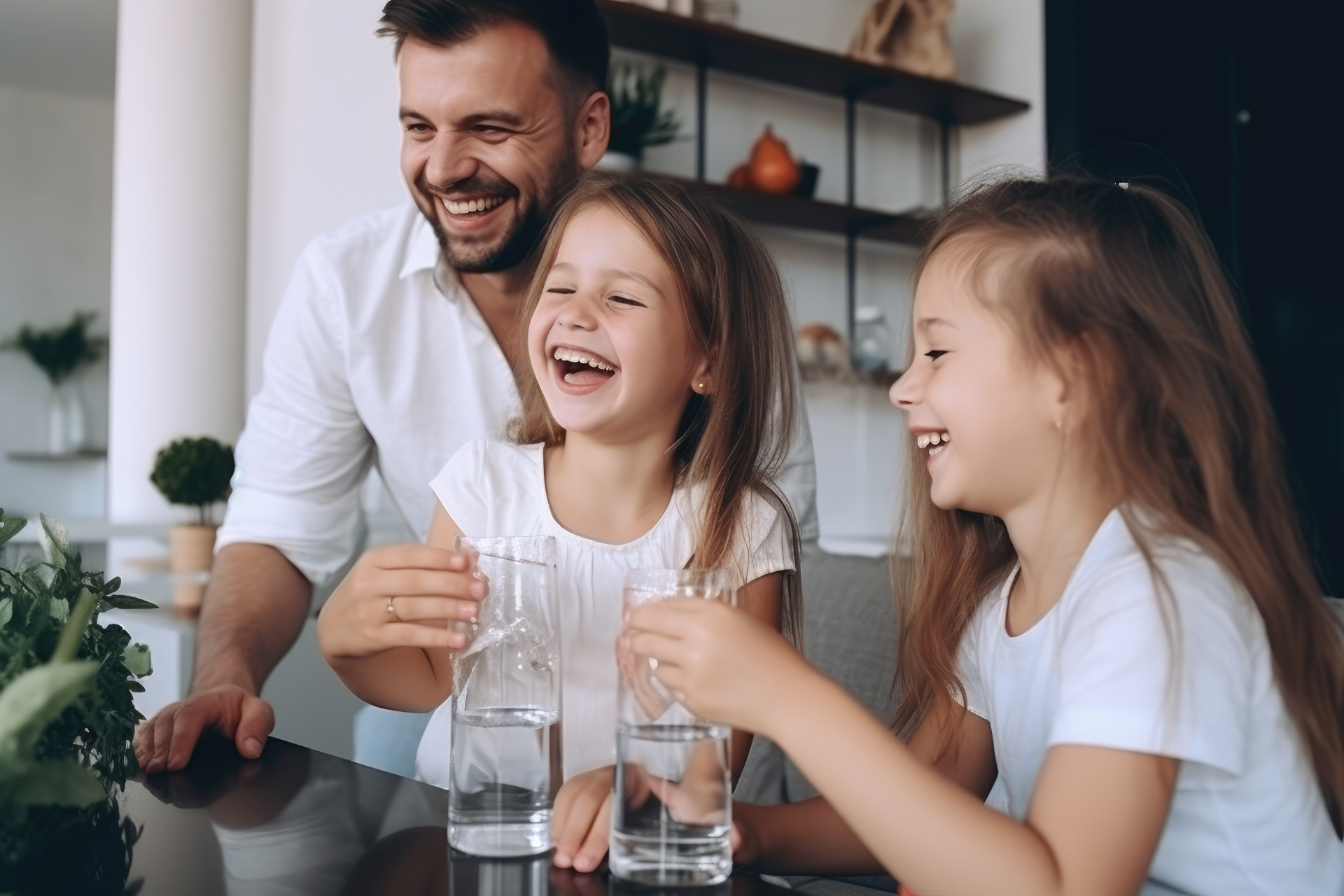 Father and daughters laughing together over glasses of clean filtered water