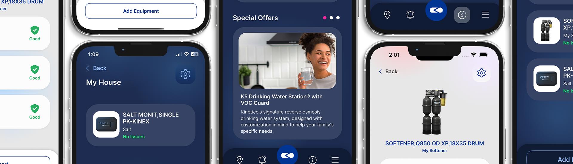 Kinetico app screens showing equipment monitoring, special offers, and softener details