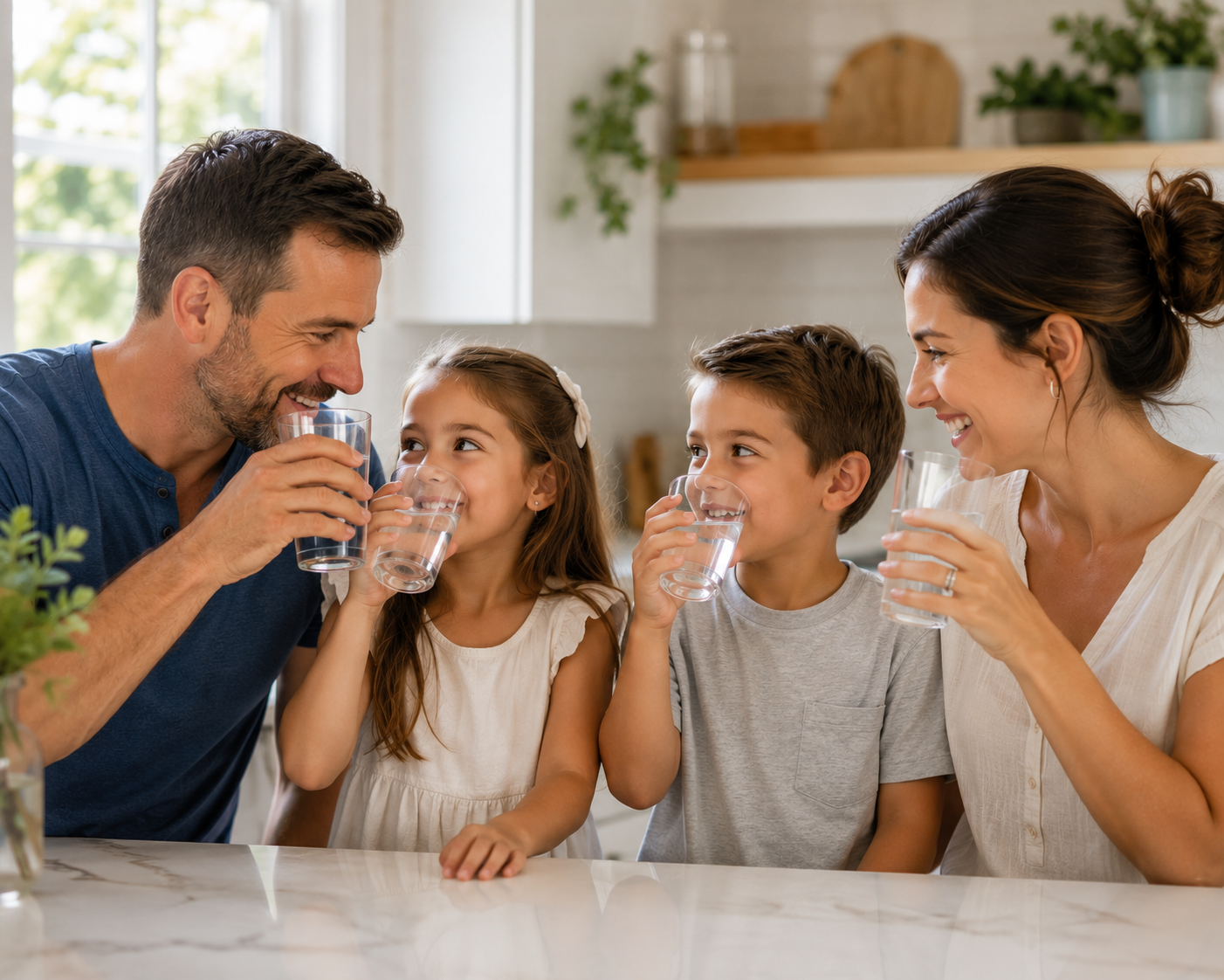 Family of four smiling and drinking clean water together in a bright kitchen