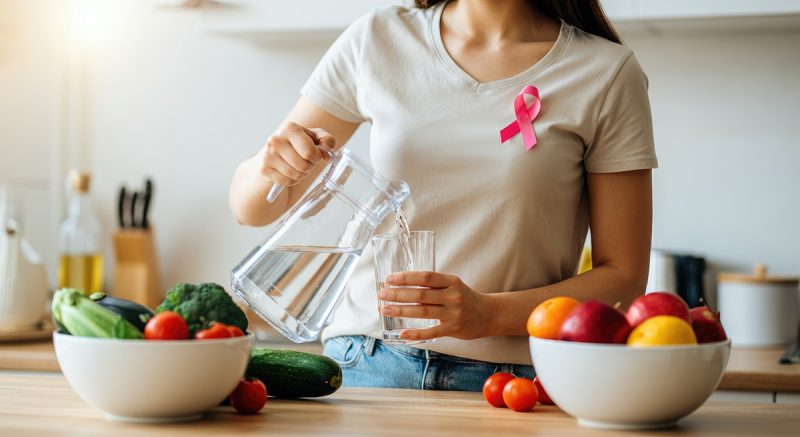 Woman with pink ribbon pouring clean water in kitchen